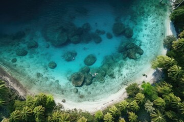 Poster - A stunning aerial view of a sandy beach with crystal clear water. Perfect for travel brochures, vacation websites, and beach-themed advertisements.