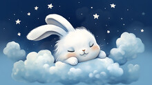 Cute Little Bunny Rabbit Sleeping On A Cloud Watercolor Drawing.