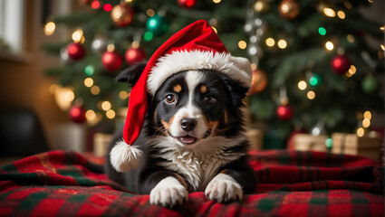 Wall Mural - dog in santa hat, festive, in front of christmas tree, bokeh lights in the background, beautiful christmas theme