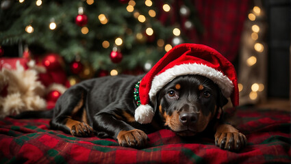 Wall Mural - dog in santa hat, festive, in front of christmas tree, bokeh lights in the background, beautiful christmas theme