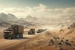 A group of cargo trucks driving through a desolate landscape. Generative AI