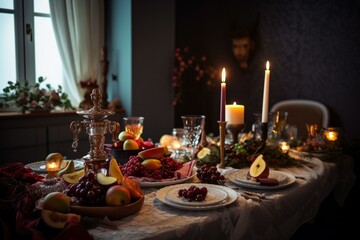  Festive table adorned with Christmas breakfast and beautifully decorated. Generative AI