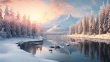 Fototapeta Most - A magical winter wonderland with snow-laden trees, a frozen lake reflecting the surrounding mountains, and the soft, diffused light of a setting sun