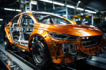 Poster - a factory assembly line producing cars, illustrating technological advancement in manufacturing. con