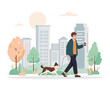 Young man walking with dog in city park. Guy with cute dog on leash and cup of coffee. Pet and owner spending time together, healthy lifestyle concept. Vector flat illustration.