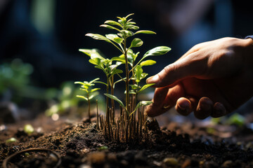 Wall Mural - A hand planting a tree, symbolizing progress in reforestation and environmental restoration. Concept of afforestation. Generative Ai.