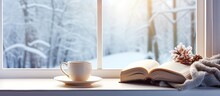 Winter Still Life With Hot Coffee And Book On Vintage Windowsill View Of Snowy Landscape With Copyspace For Text