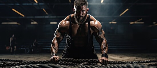 Wall Mural - Male CrossFit enthusiasts engage in battle rope exercises within a fitness gym With copyspace for text