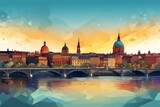 Fototapeta  - A picture showcasing Toulouse landmarks with a skyline composed of layered gradients. Generative AI