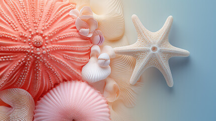 Wall Mural - Creative minimal style concept of underwater life. Light pastel colors. Unusual inhabitants of the sea or ocean, macro closeup wallpaper with starfish, copy space.