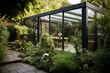 A glass-walled winter garden extension with a retractable awning attached to a house. Generative AI