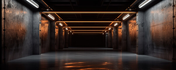 Futuristic studio stage dark room. Underground warehouse garage. Neon led laser glowing orange on concrete tiled floor	
