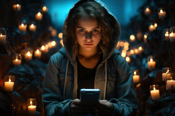 Poster - a teenager isolated in their room, immersed in social media, struggling with cyberbullying and onlin