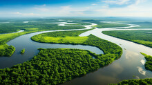 Aerial Drone Landscape View Of A River Delta With Lush Green Vegetation And Winding Waterways