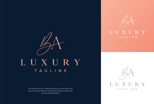 BA letter calligraphy minimal monogram, emblem style vector logo. Gold color and black background.
