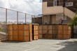 Wooden sukkahs in a yard of a residential building in town Hebron town on holiday Sukkot