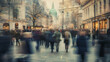 Group of semi blurred business people walking on busy street in city center