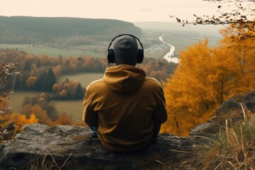 Wall Mural - Backview of a man sitting on the hill in the autumn mountains. Meditation, tranqulility, relaxation, mental health concept