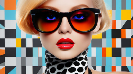 Poster - Fashion retro futuristic girl wearing sunglasses. Futuristic pop art retro fashion woman with geometric pattern background