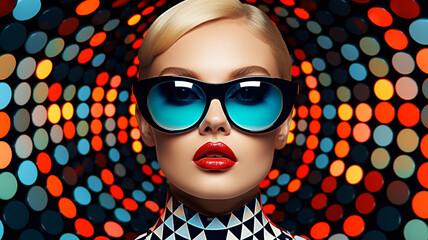 Poster - Fashion retro futuristic girl wearing sunglasses. Futuristic pop art retro fashion woman with geometric pattern background