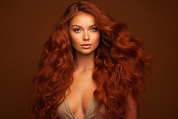  Redhead girl with long and shiny wavy red hair. Beautiful model with curly hairstyle