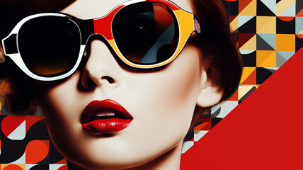 Poster - Fashion retro futuristic girl wearing sunglasses. Futuristic pop art retro fashion woman with geometric pattern background