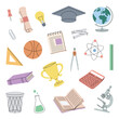 School supplies collection. Graduation cap, basketball ball, triangle ruler, trophy, calculator, diploma, microscope, tube, notebook. Back to school.
