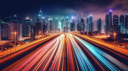 Wall Mural - City road light, night megapolis highway lights of cityscape background. Panorama of megacity traffic with highway road motion lights trails, long exposure photography