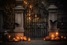 Spooky Halloween Church Gate With Glowing Pumpkins And Candles. Generative AI