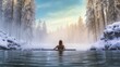 A woman goes winter swimming in a forest bay, sitting and looking at beautiful views.
