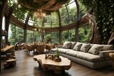 Fototapeta Fototapeta las, drzewa - A forest house's living room with natural interior design. Generative AI
