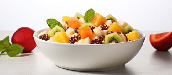 Wall Mural - Quinoa and fruits in a white bowl With copyspace for text