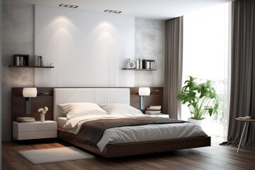 Wall Mural - Modern small space bedroom interior for a student or young couple with contemporary furniture. Space optimization ideas