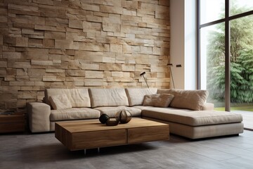 Wall Mural - Beige corner sofa in the contemporary minimalist living room interior