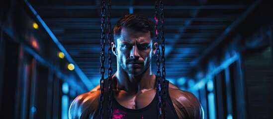 Wall Mural - Athletic person trains with trx system in dim gym Torso exposed they use resistance straps in vibrant neon light for functional cross training With copyspace for text