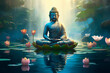 A Buddha statue sitting on top of the water in the middle of water lilies. Generative AI