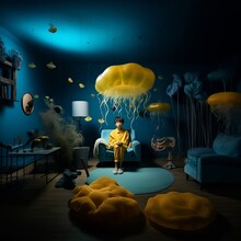 Boy-Chinese In Yellow Clothes Sitting On A Chair. Dark Blue Walls. Yellow Jellyfish Hanging From Above. Conceptual Image. Bright Contrast And Vibrant Color.