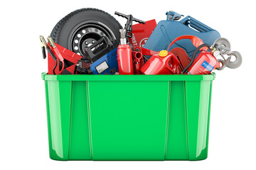Poster - Plastic box full of auto tools, equipment and accessories. 3D rendering isolated on transparent background
