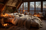 Fototapeta  - Cozy bedroom with large floor to ceiling windows, soft bed covers and lit candles on autumn day.