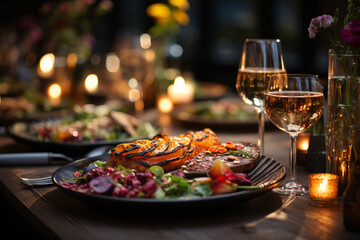 Elegant table setting with candles in restaurant. Selective focus. Romantic dinner setting with candles on table in restaurant.
