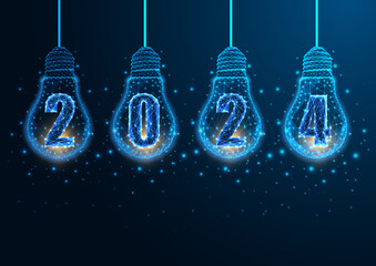 Wall Mural - Futuristic Happy 2024 New Year hi tech banner with illuminated low polygonal lightbulbs and digits 