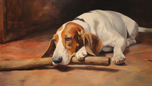A Basset Hound Dog Lying Down Holding A Stick In Oil Painting Style