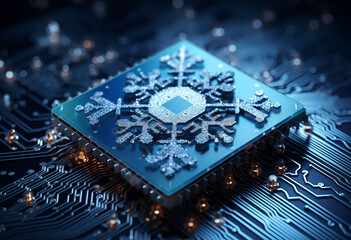 Christmas Greeting, Glittering Snowflake Microchip on Blue Background