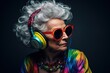 © horace - elderly woman immersed in music through large headphones