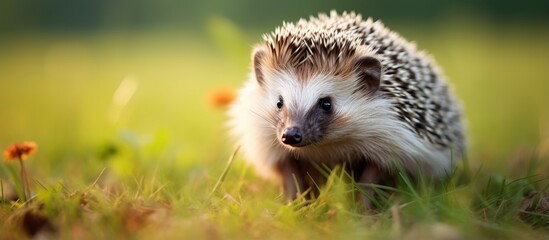 African hedgehog pet outside on grass in summer emphasizing caring for pets