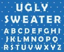 Ugly sweater font vector illustration on knitted woolen background, winter textured pattern with typography design, font for holiday poster for merry christmas cards, set of embeoidery letters for new