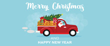 Greeting Card With Santa Claus Driving Car With Christmas Tree And Gifts On Blue Background