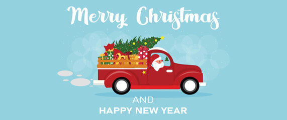 Wall Mural - Greeting card with Santa Claus driving car with Christmas tree and gifts on blue background