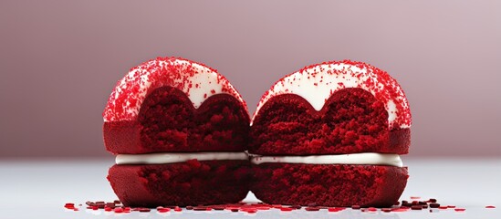 Wall Mural - Valentine s day dessert Red velvet cakes with heart shaped sprinkles close up With copyspace for text