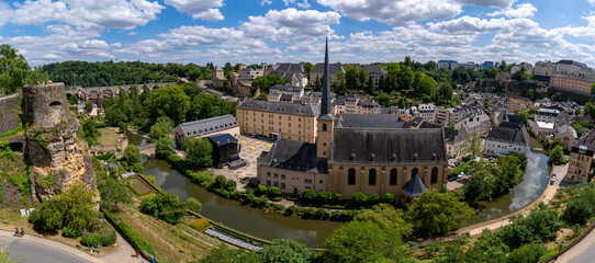 Panorama of Neumünster Abbey, surrounded by Alzette river, in the Grund district of Luxembourg City